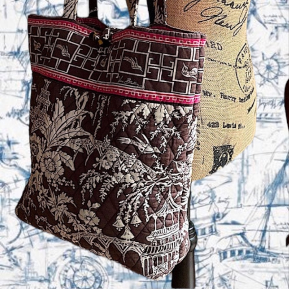VERA BRADLEY  Large Tote in Brown Pink White Asian Inspired print with pink trim - Picture 11 of 16